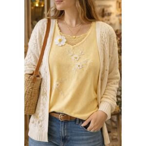 Cottagecore‎ Floral Knit Tank 1X 2X Yellow Embroidered Crochet Boho Ramie Cotton